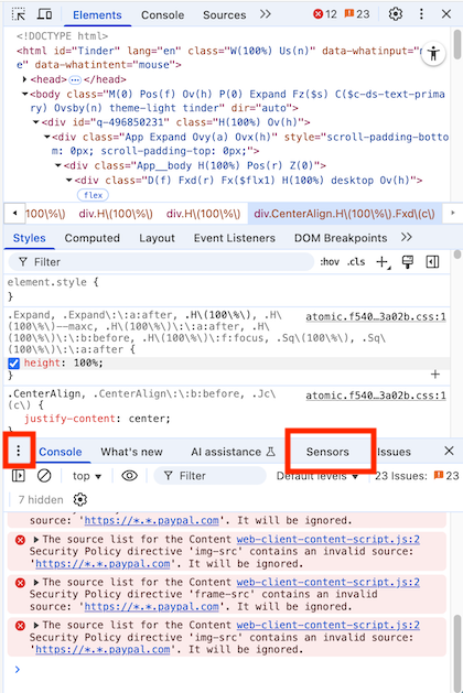 Pestaña “Sensors” en las herramientas de desarrollo de Chrome