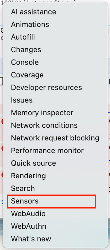 Panel “Sensors” en las herramientas de desarrollo de Chrome